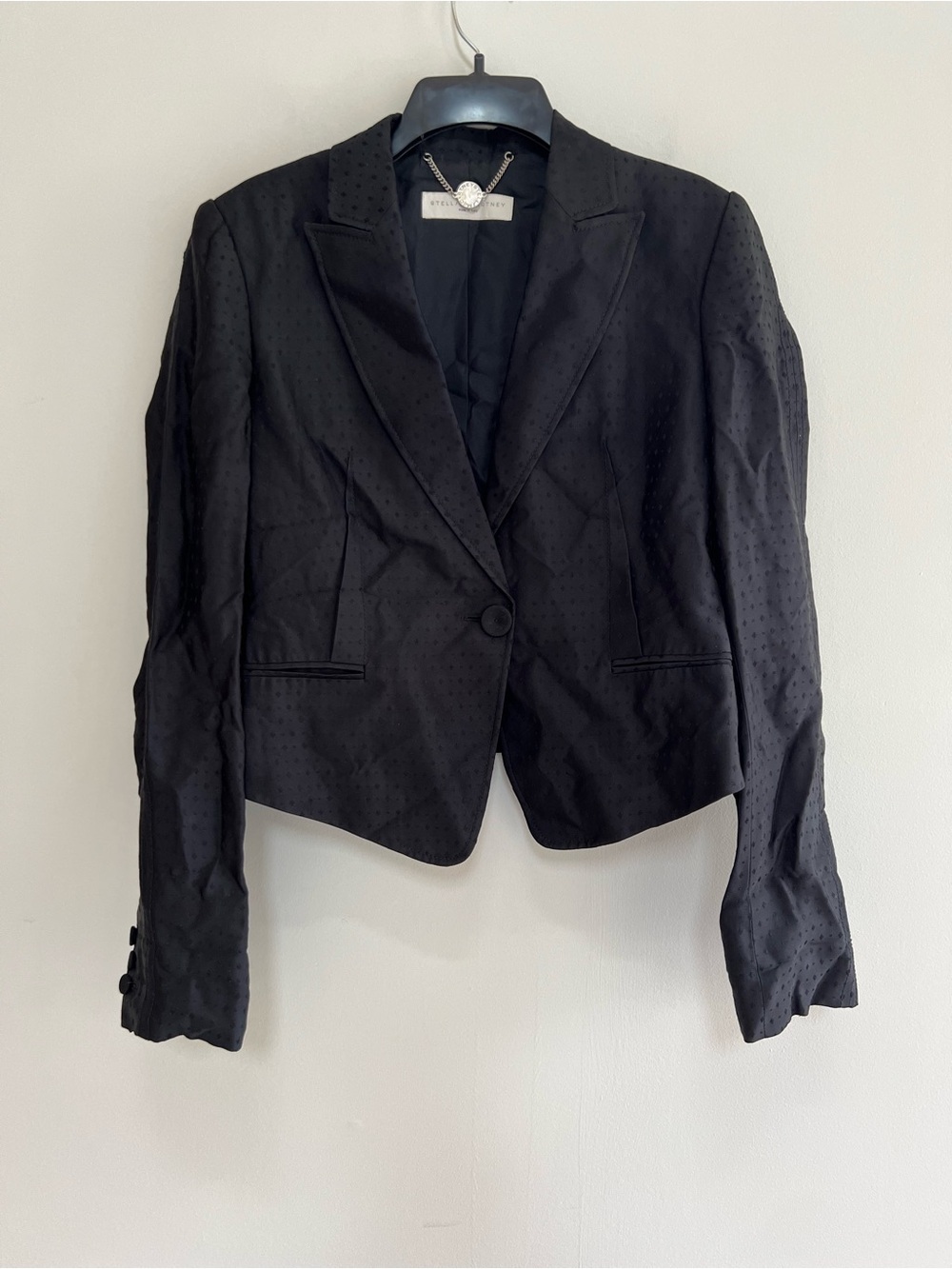 Stella McCartney Italian Silk Diamond Embroidery Stitch Cropped Black Blazer, 44